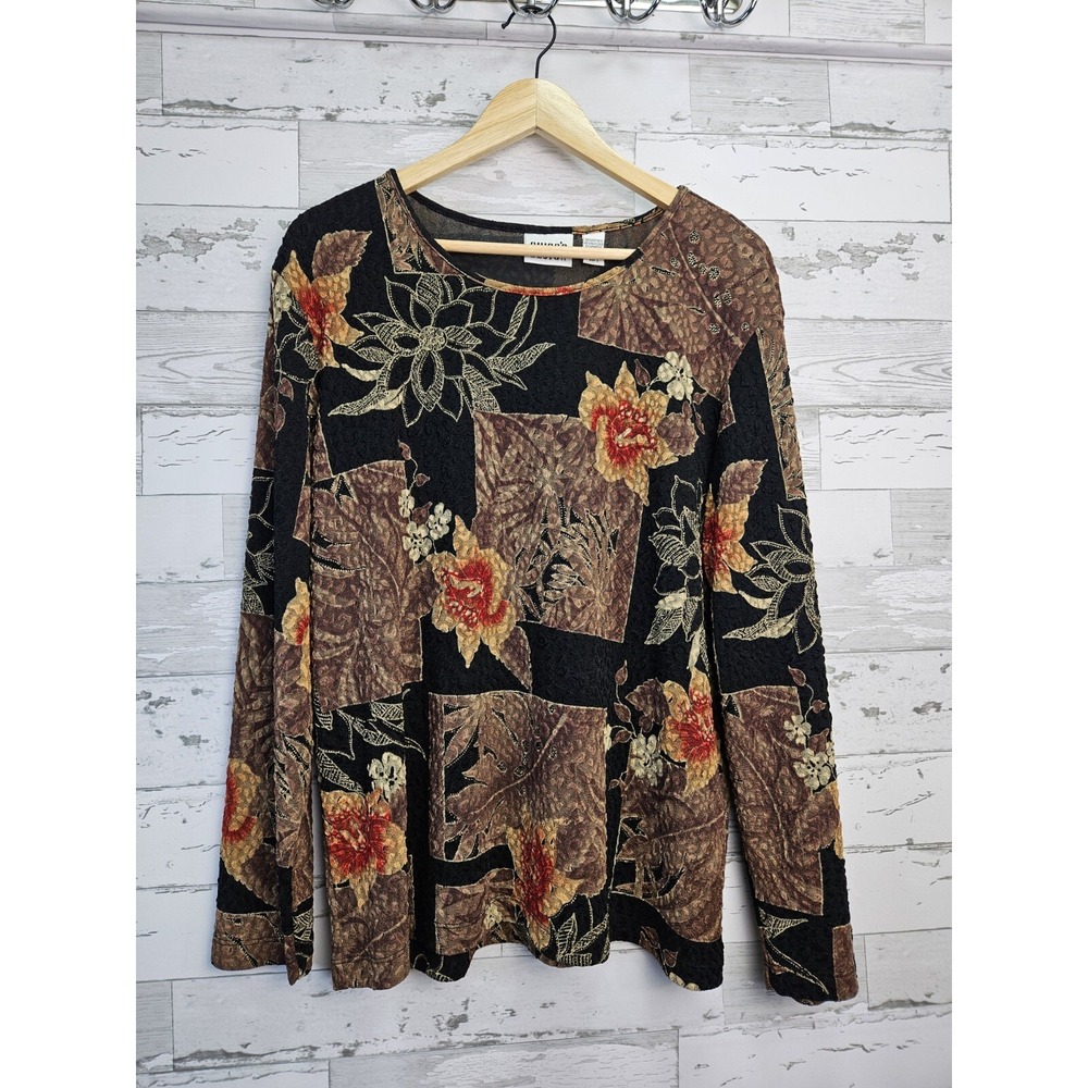 Chicos Design Floral Patchwork Long Sleeve Top Black Brown Size 3 XL